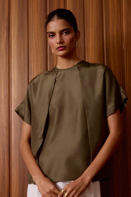 The Summer House Olive Green Silk Round Neck Pam Top 