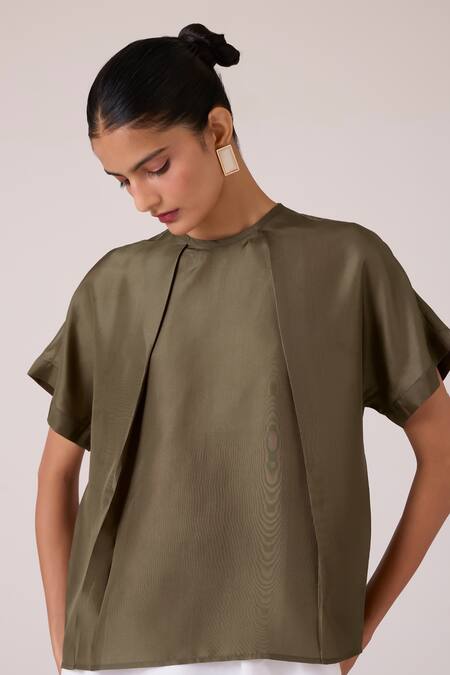 Shop_The Summer House_Olive Green Silk Round Neck Pam Top _Online_at_Aza_Fashions