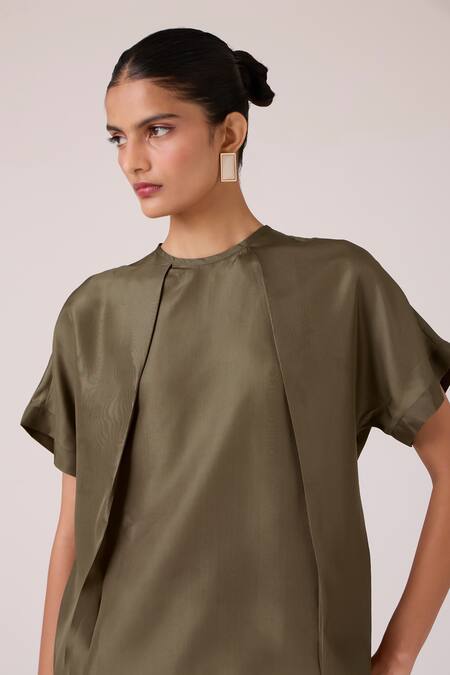 The Summer House_Olive Green Silk Round Neck Pam Top _at_Aza_Fashions
