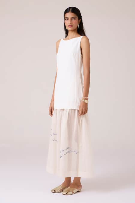 The Summer House_Off White Cotton, Chanderi Embroidery Boat Neck Astra Maxi Dress _Online_at_Aza_Fashions