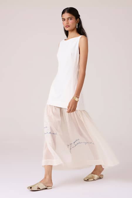 Buy_The Summer House_Off White Cotton, Chanderi Embroidery Boat Neck Astra Maxi Dress _Online_at_Aza_Fashions