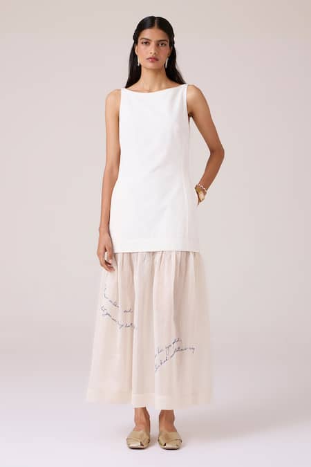 The Summer House_Off White Cotton, Chanderi Embroidery Boat Neck Astra Maxi Dress _at_Aza_Fashions