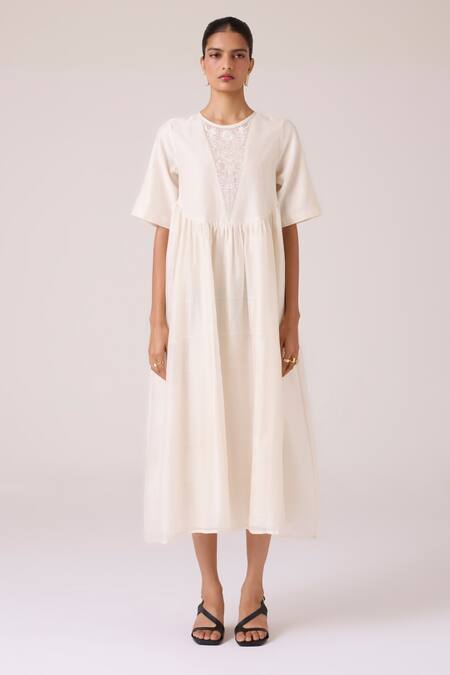 The Summer House_Off White Chanderi Embroidery Round Neck Callisto Handwoven Dress _Online_at_Aza_Fashions