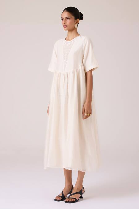 Buy_The Summer House_Off White Chanderi Embroidery Round Neck Callisto Handwoven Dress _Online_at_Aza_Fashions
