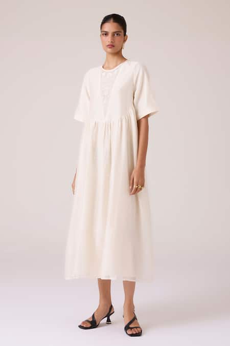 Shop_The Summer House_Off White Chanderi Embroidery Round Neck Callisto Handwoven Dress _Online_at_Aza_Fashions