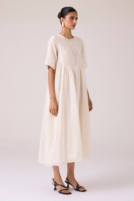 The Summer House_Off White Chanderi Embroidery Round Neck Callisto Handwoven Dress _at_Aza_Fashions