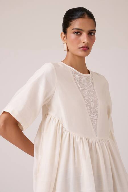 Shop_The Summer House_Off White Chanderi Embroidery Round Neck Callisto Handwoven Dress 
