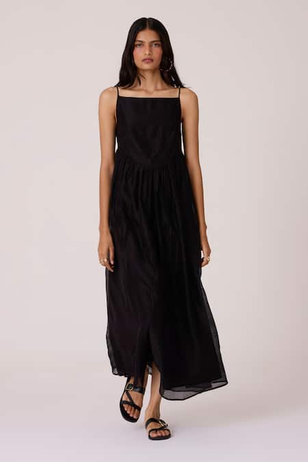 The Summer House Black Chanderi Embroidery Square Neck Vespera Handwoven Dress 