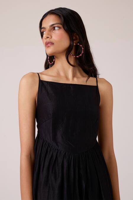The Summer House_Black Chanderi Embroidery Square Neck Vespera Handwoven Dress _Online_at_Aza_Fashions