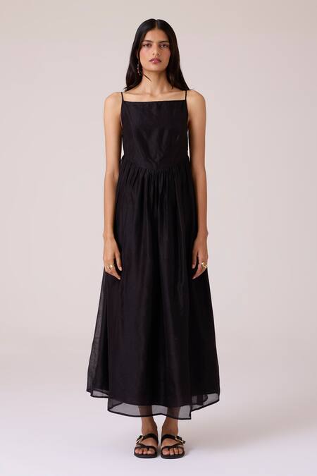 Buy_The Summer House_Black Chanderi Embroidery Square Neck Vespera Handwoven Dress _Online_at_Aza_Fashions