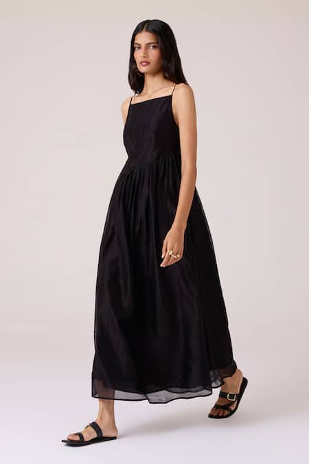 Shop_The Summer House_Black Chanderi Embroidery Square Neck Vespera Handwoven Dress _Online_at_Aza_Fashions