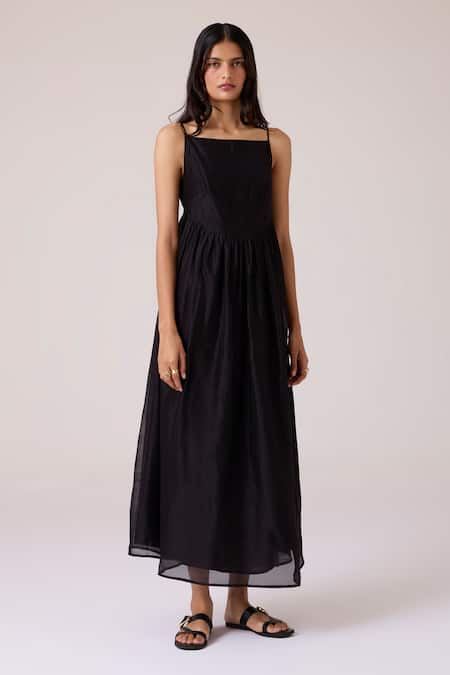 The Summer House_Black Chanderi Embroidery Square Neck Vespera Handwoven Dress _at_Aza_Fashions