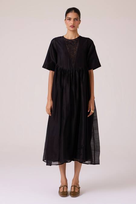 Buy_The Summer House_Black Chanderi Round Neck Callisto Handwoven Dress _Online_at_Aza_Fashions