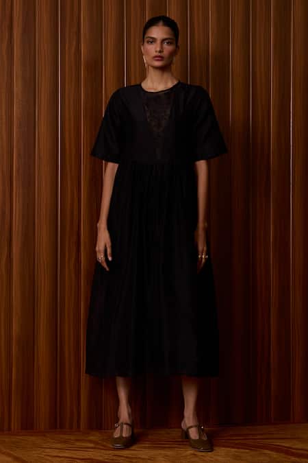 The Summer House_Black Chanderi Round Neck Callisto Handwoven Dress _at_Aza_Fashions