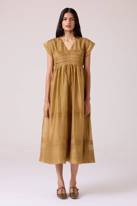 The Summer House_Yellow Chanderi V-neck Aelia Handwoven Dress _at_Aza_Fashions