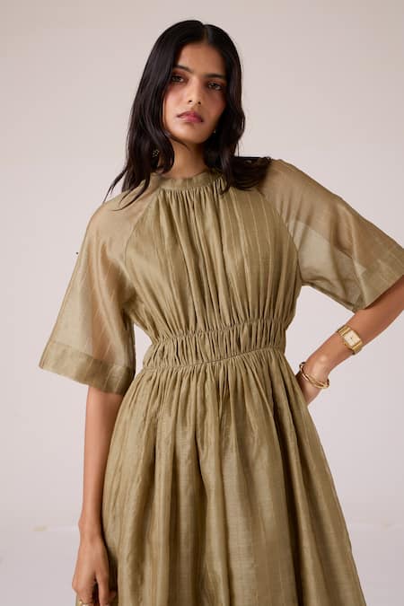 The Summer House_Olive Green Chanderi Round Neck Arha Handwoven Dress _Online_at_Aza_Fashions