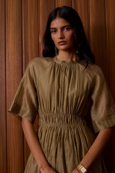 Buy_The Summer House_Olive Green Chanderi Round Neck Arha Handwoven Dress _Online_at_Aza_Fashions