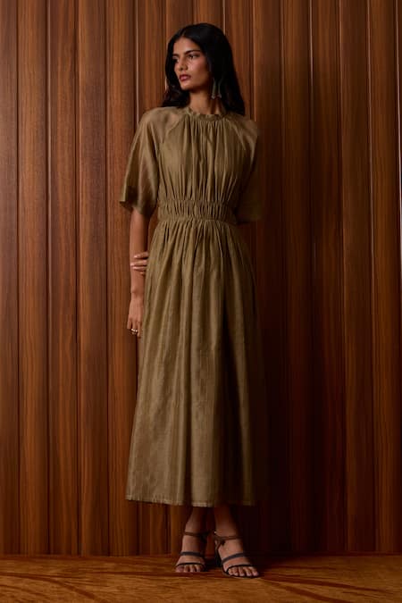 The Summer House Olive Green Chanderi Round Neck Arha Handwoven Dress 