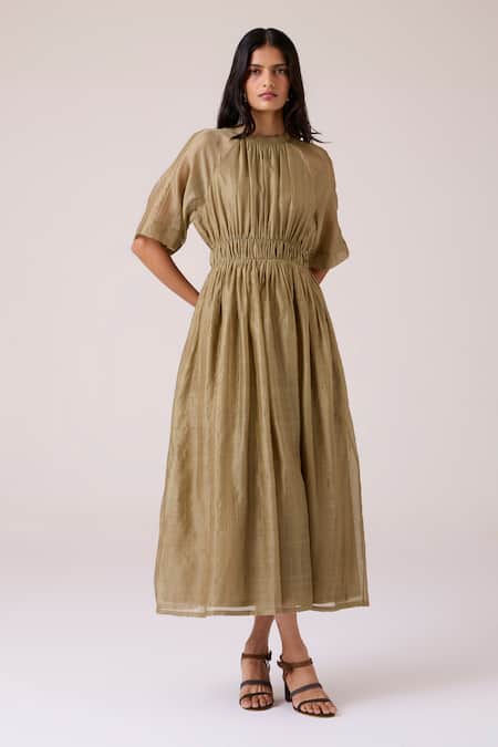 Shop_The Summer House_Olive Green Chanderi Round Neck Arha Handwoven Dress _Online_at_Aza_Fashions