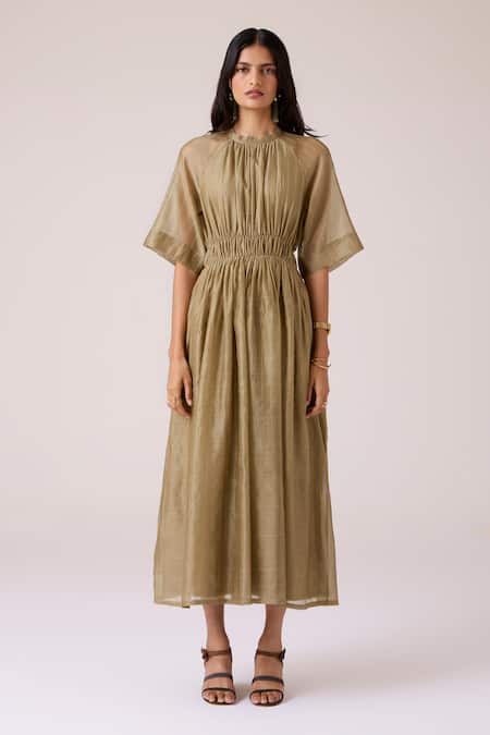 The Summer House_Olive Green Chanderi Round Neck Arha Handwoven Dress _at_Aza_Fashions