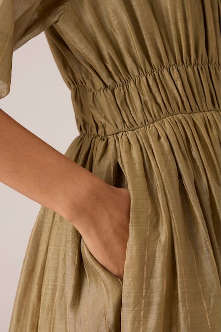 Buy_The Summer House_Olive Green Chanderi Round Neck Arha Handwoven Dress 