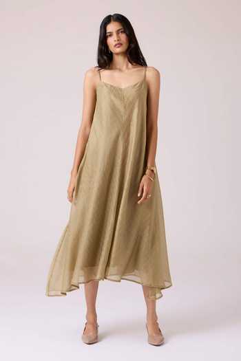 The Summer House_Olive Green Chanderi V-neck Jane Handwoven Dress _Online_at_Aza_Fashions