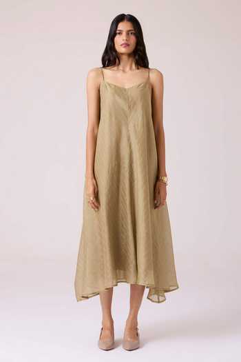 Buy_The Summer House_Olive Green Chanderi V-neck Jane Handwoven Dress _Online_at_Aza_Fashions