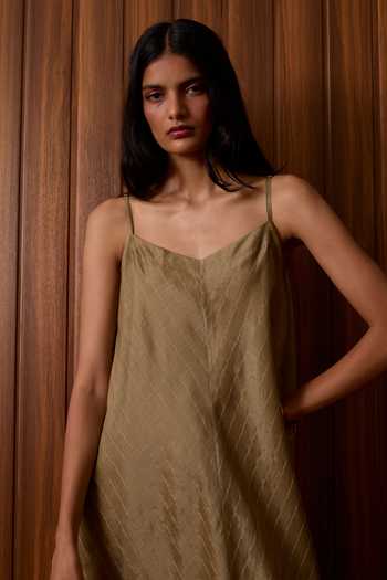The Summer House_Olive Green Chanderi V-neck Jane Handwoven Dress _at_Aza_Fashions