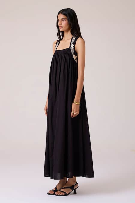 The Summer House_Black Cambric Embroidery Square Neck Themis Dress _Online_at_Aza_Fashions
