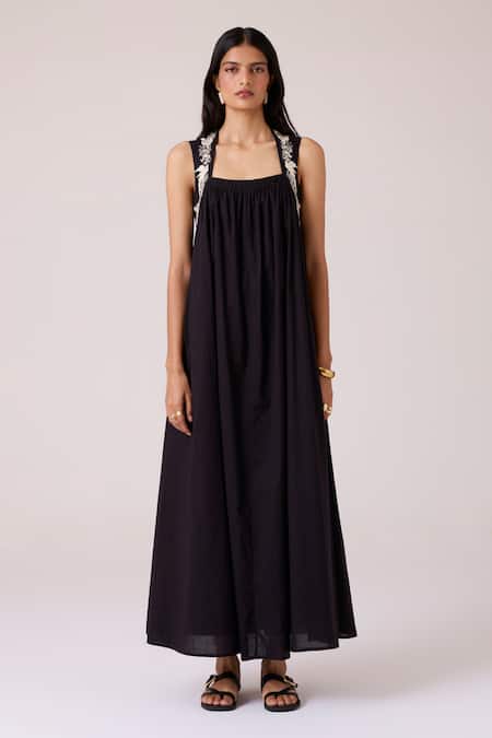 Buy_The Summer House_Black Cambric Embroidery Square Neck Themis Dress _Online_at_Aza_Fashions