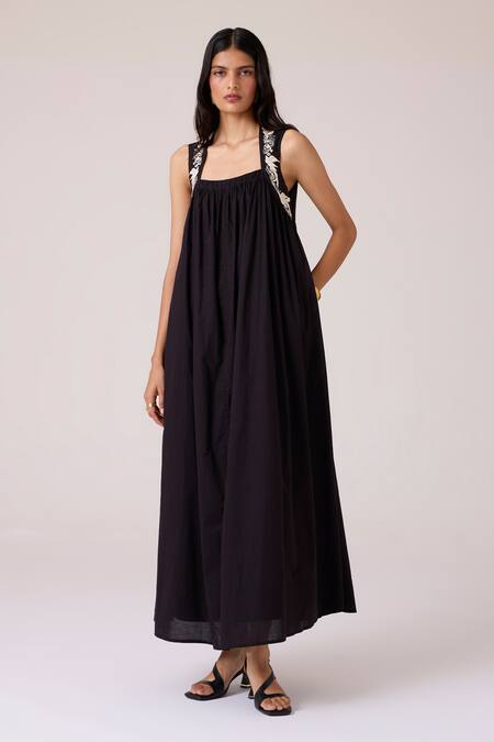 Shop_The Summer House_Black Cambric Embroidery Square Neck Themis Dress _Online_at_Aza_Fashions