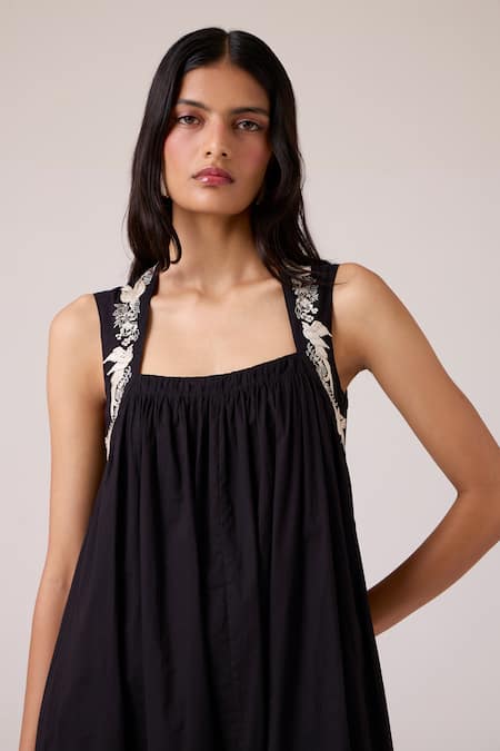 The Summer House_Black Cambric Embroidery Square Neck Themis Dress _at_Aza_Fashions