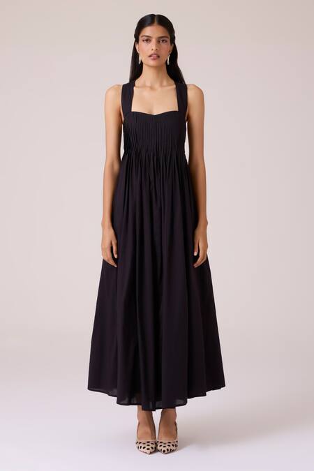 The Summer House_Black Cambric Square Neck Erato Pleated Dress _Online_at_Aza_Fashions