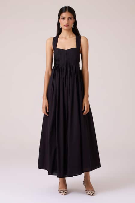 The Summer House Black Cambric, Cotton Square Neck Erato Pleated Dress 