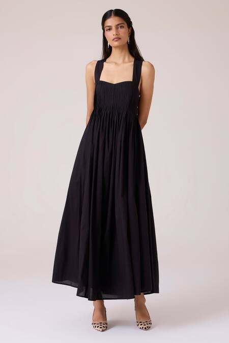 Buy_The Summer House_Black Cambric Square Neck Erato Pleated Dress _Online_at_Aza_Fashions