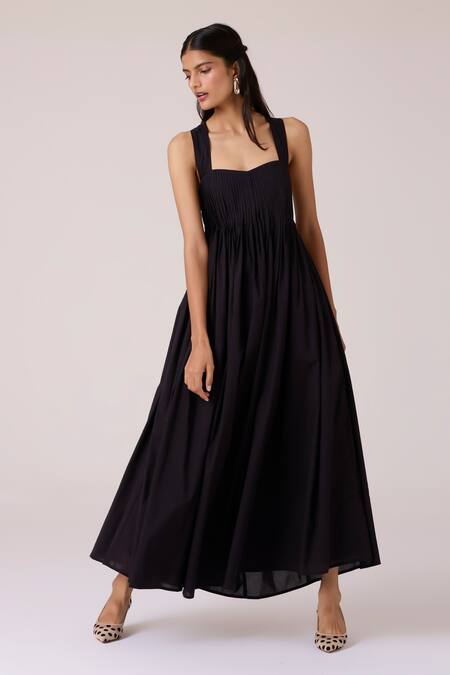 Shop_The Summer House_Black Cambric Square Neck Erato Pleated Dress _Online_at_Aza_Fashions