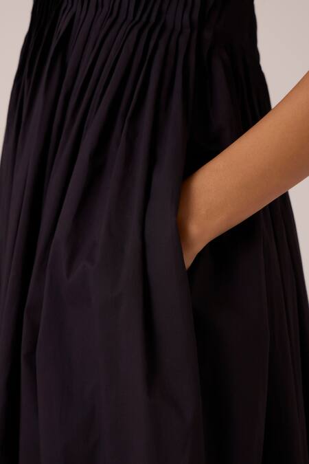 The Summer House_Black Cambric Square Neck Erato Pleated Dress _at_Aza_Fashions