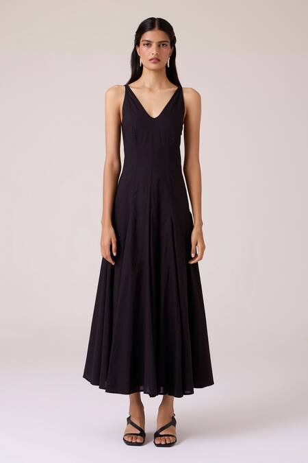 The Summer House_Black Cambric V-neck Aurora Panelled Dress _Online_at_Aza_Fashions