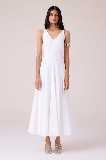 The Summer House_White Cambric, Cotton V-neck Aurora Panelled Dress _Online_at_Aza_Fashions