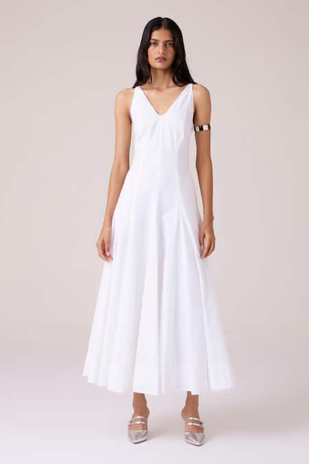 Buy_The Summer House_White Cambric, Cotton V-neck Aurora Panelled Dress _Online_at_Aza_Fashions