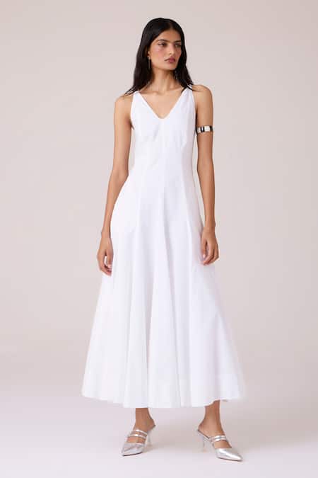 The Summer House_White Cambric, Cotton V-neck Aurora Panelled Dress _at_Aza_Fashions