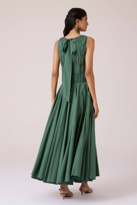 Shop The Summer House Green Cotton V-neck Rhea Halter Dress at Aza Fashions Shop_The Summer House_Green Cotton V-neck Rhea Halter Dress_at_Aza_Fashions