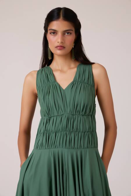 The Summer House Green Cotton V-neck Rhea Halter Dress at Aza Fashions The Summer House_Green Cotton V-neck Rhea Halter Dress_at_Aza_Fashions