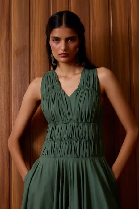 Buy The Summer House Green Cotton V-neck Rhea Halter Dress Buy_The Summer House_Green Cotton V-neck Rhea Halter Dress