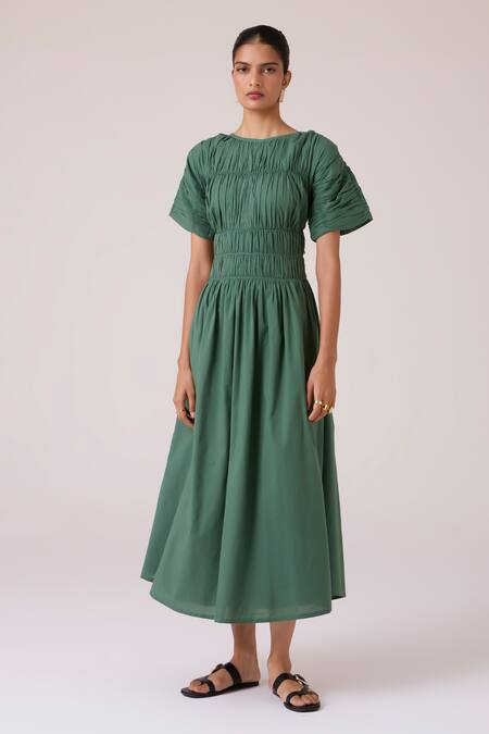 The Summer House_Green Voile, Cotton Boat Neck Selara Midi Dress_Online_at_Aza_Fashions