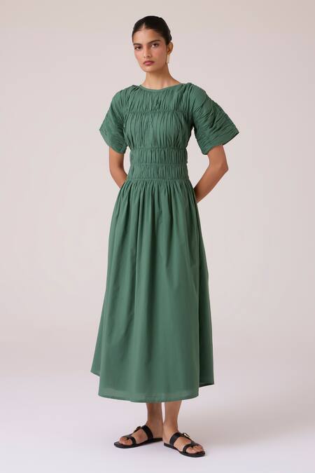 Buy_The Summer House_Green Voile, Cotton Boat Neck Selara Midi Dress_Online_at_Aza_Fashions