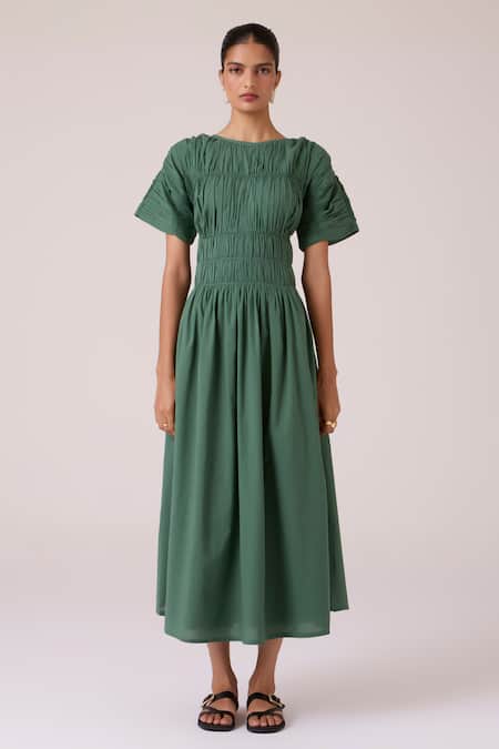 Shop_The Summer House_Green Voile, Cotton Boat Neck Selara Midi Dress_Online_at_Aza_Fashions