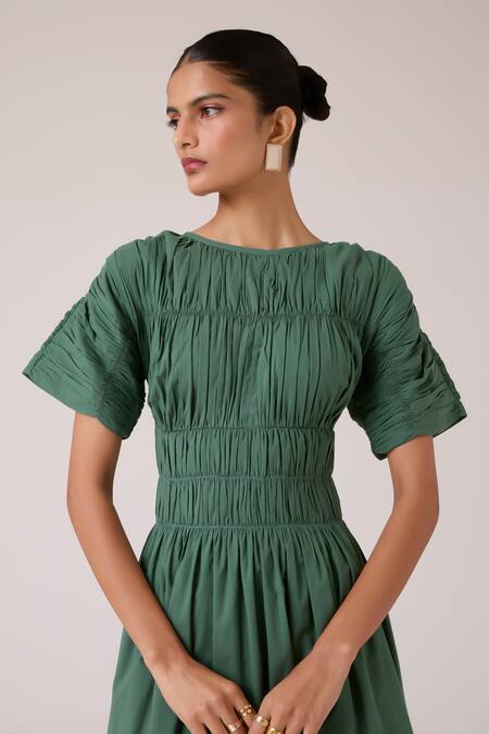 The Summer House_Green Voile, Cotton Boat Neck Selara Midi Dress_at_Aza_Fashions