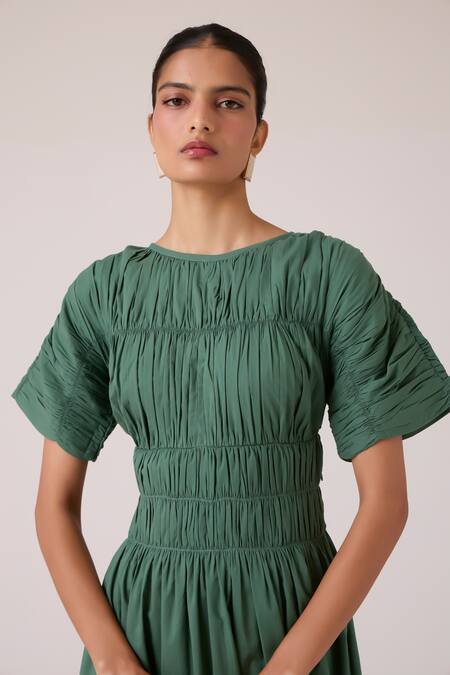 Buy_The Summer House_Green Voile, Cotton Boat Neck Selara Midi Dress