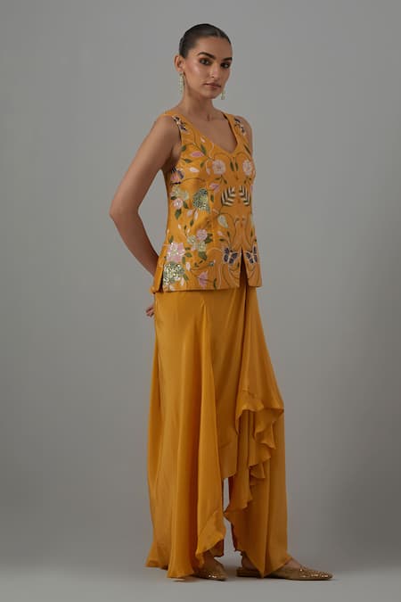 Priya Chaudhary_Yellow Crepe Embroidery, Sequins V-neck Top And Draped Skirt _Online_at_Aza_Fashions